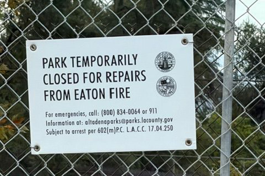 A notice posted on a fenced park entrance announces a temporary closure for repairs following the Eaton Fire. Mayfield Environmental reports serving as chief environmental consultants for Loma Alta Park, Charles White Park, Eaton Canyon Nature Trails, and Farnsworth Park. Its work includes environmental and soil assessments supporting post-fire recovery efforts. Photo courtesy of Mayfield Environmental.
